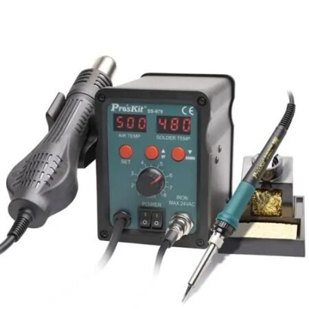 La SS-979E es una estación 2 en 1 con cautín y aire caliente, ideal para soldar y desoldar componentes SMD con control de temperatura y pantalla digital.