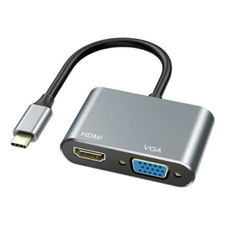 El convertidor JV-TIPOC-200 conecta dispositivos USB-C a pantallas HDMI y VGA, soporta resoluciones hasta 4K y 1080p, sin drivers y con diseño portátil.