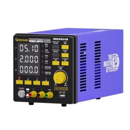 Fuente de poder MECHANIC DSP30D5, ajustable 0-30V, 5A, con pantalla digital y protecciones, ideal para uso en electrónica y laboratorios.